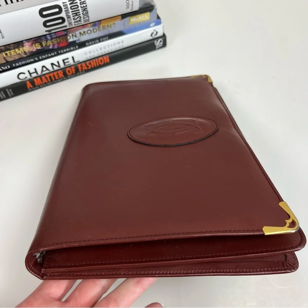 Cartier Clutch Bag Red Bordeaux Burgundy Leather Gold Hardware Large